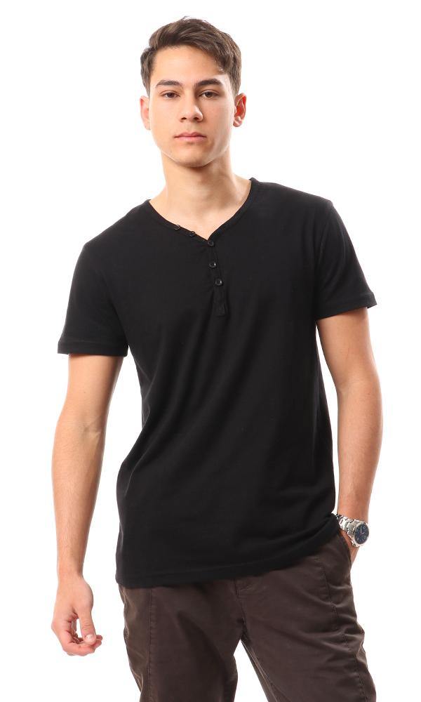 14096 Buttoned V-Neck Solid T-Shirt - Black - Ravin 