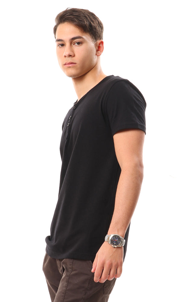 14096 Buttoned V-Neck Solid T-Shirt - Black - Ravin 