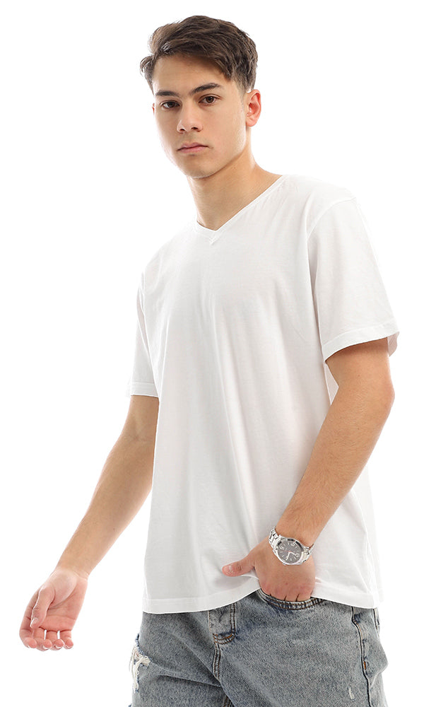 21218 Basic V-Neck Solid White T-shirt