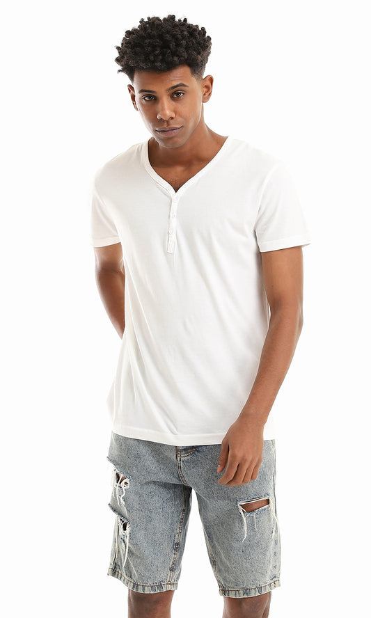 21224 Solid Buttoned V-Neck Basic Henley Shirt - White