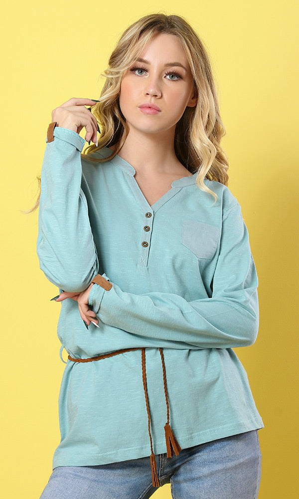 27134 Medium Aquamarine Deep V-Neck Basic Shirt