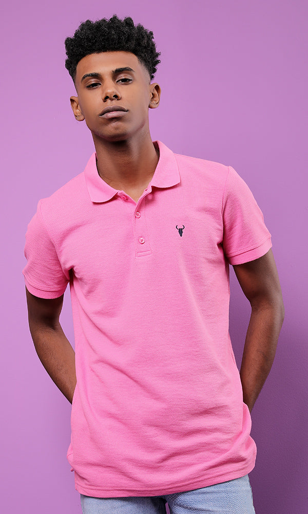 28290 Basic Turn Down Collar Pink Pique Polo Shirt