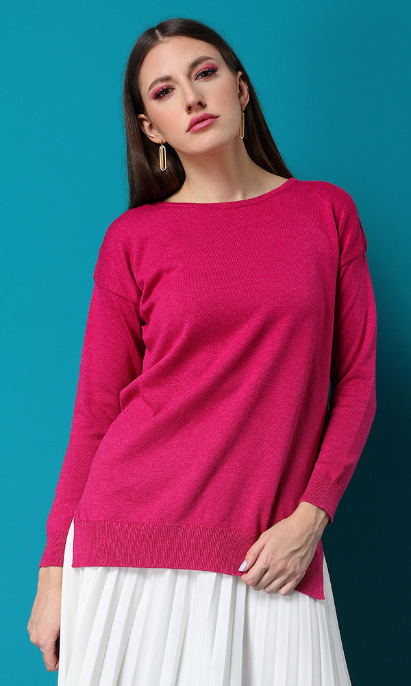 32001 Hi-Low Crew Neck Fuchsia Basic Pullover