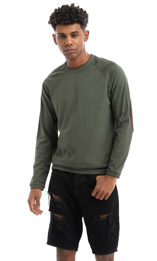 33522 Patch Sleeves Solid Army Green Basic Sweatshirt