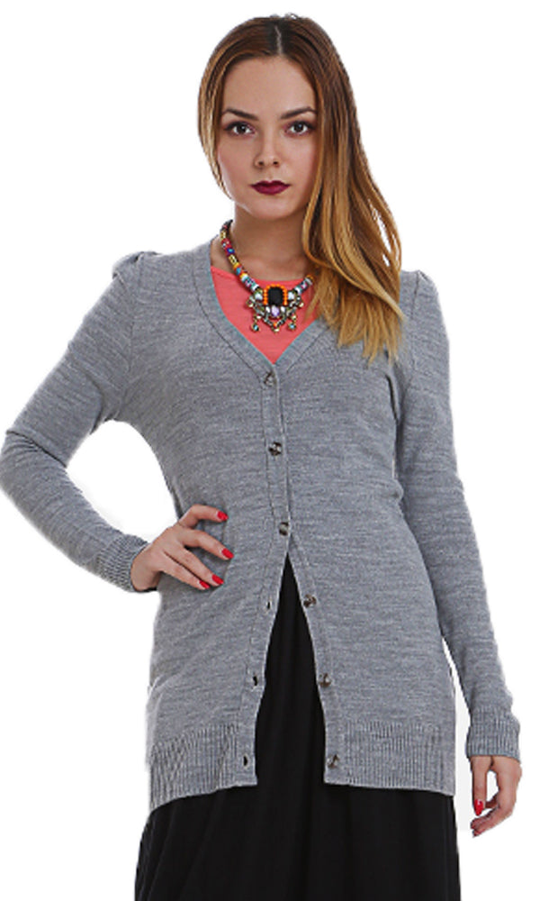 33558 Long Sleeves Heather Grey Buttoned Cardigan