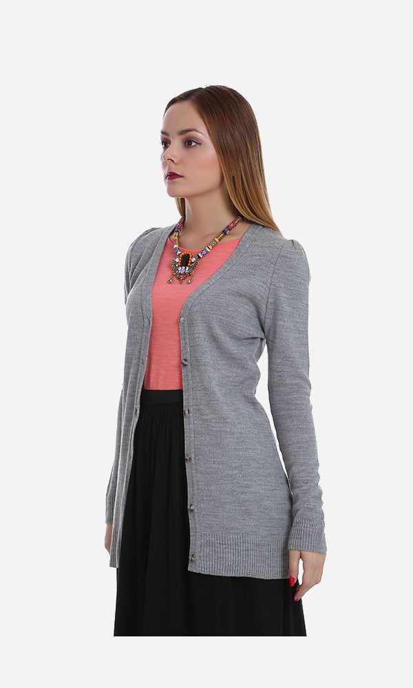 33558 Long Sleeves Heather Grey Buttoned Cardigan