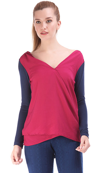 33699 Wrap Blouse Knit - Dark Pink & Navy Blue