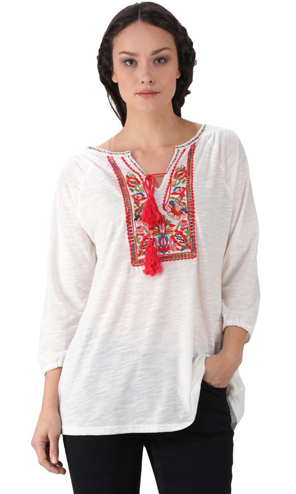 34266 Embroidery Panel Top With Tassels - White - Ravin 