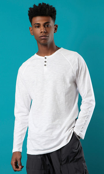 34427 Long Sleeves Round Neck White Basic Henley Shirt