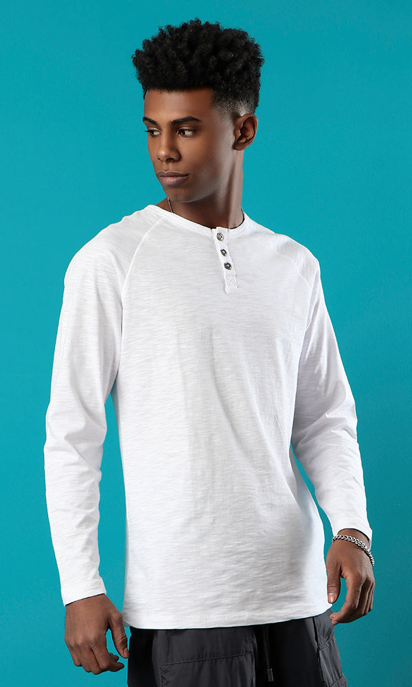 34427 Long Sleeves Round Neck White Basic Henley Shirt