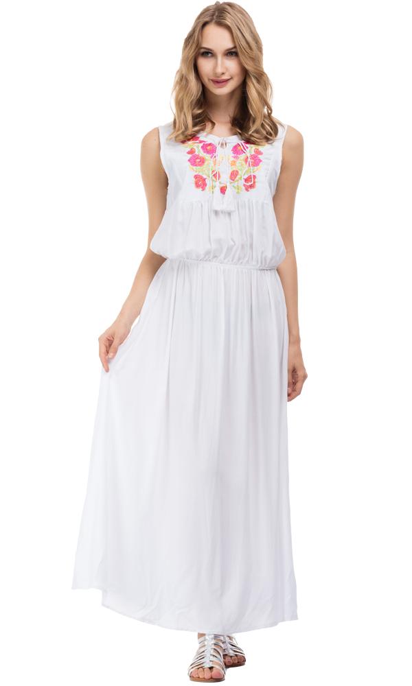 34981 Embroidered Long Dress - White - Ravin 