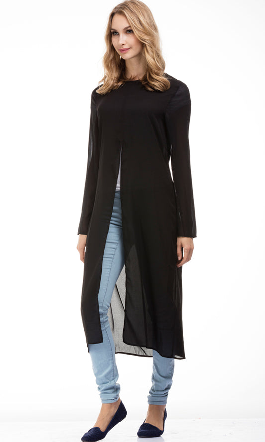 35085 Long Top With Front Slit - Black