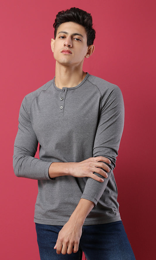 35208 Basic Buttoned Long Sleeves T-Shirt- Heather Light Grey