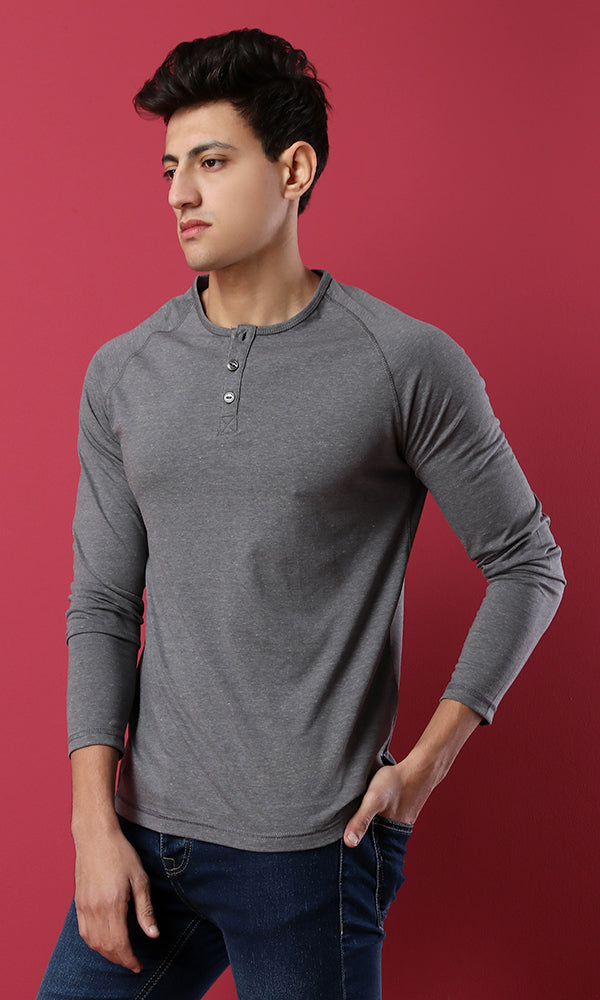 35208 Basic Buttoned Long Sleeves T-Shirt- Heather Light Grey