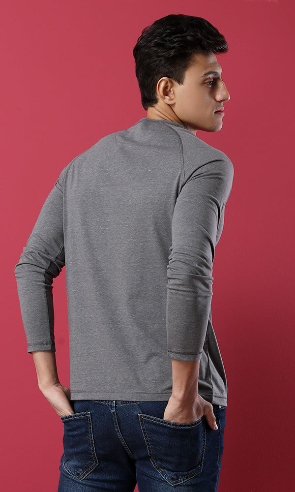 35208 Basic Buttoned Long Sleeves T-Shirt- Heather Light Grey