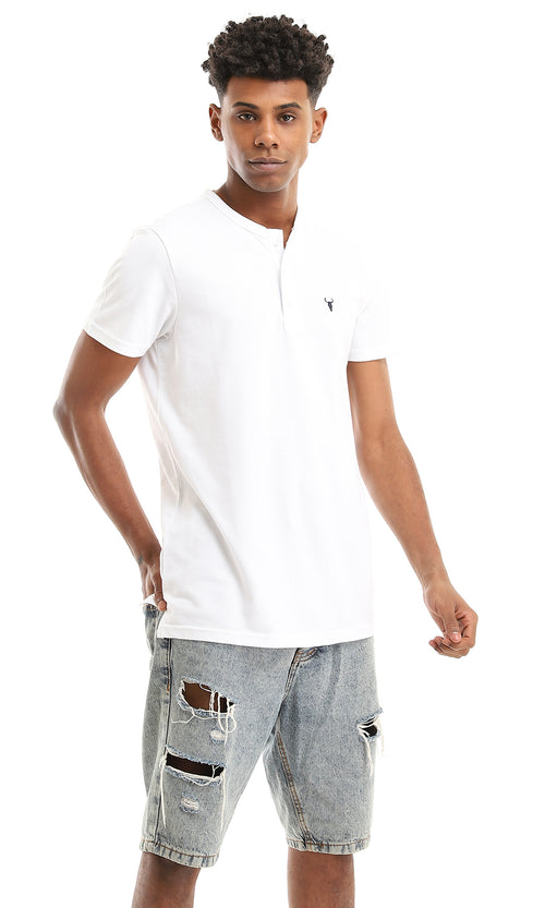 35900 Buttoned Neck White Pique Basic Henley Shirt