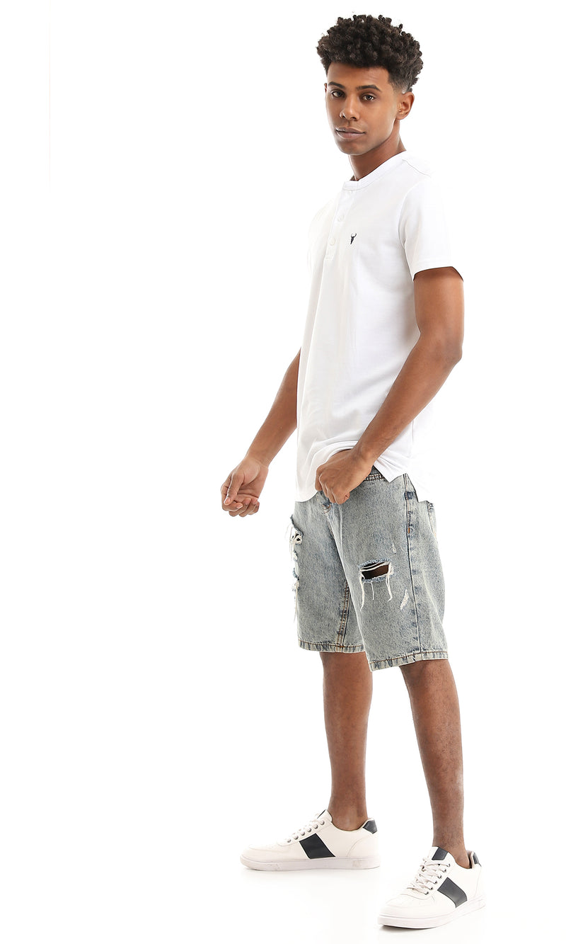 35900 Buttoned Neck White Pique Basic Henley Shirt