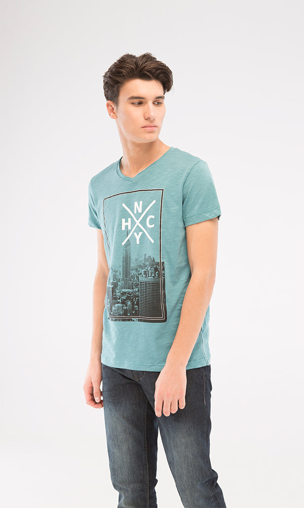 38501 V-Neck Printed T-Shirt - Heather Turquoise Green