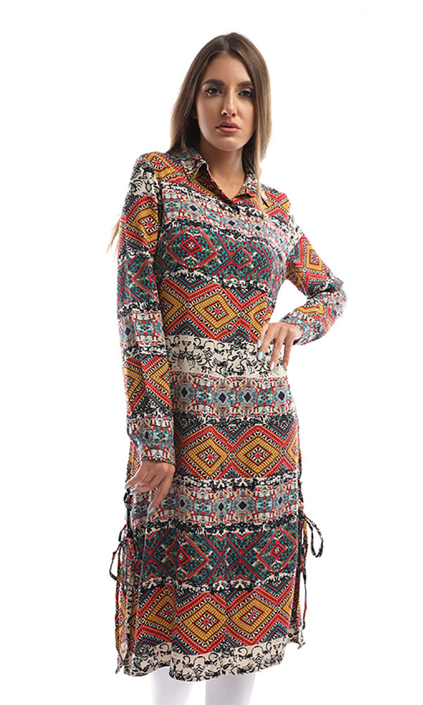 38573 Turn Down Collar Mustard Tropical Print Long Shirt