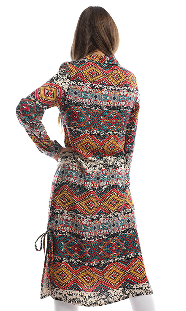 38573 Turn Down Collar Mustard Tropical Print Long Shirt