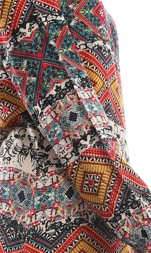 38573 Turn Down Collar Mustard Tropical Print Long Shirt
