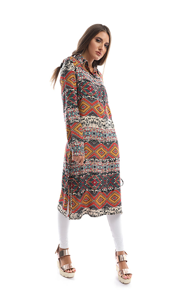 38573 Turn Down Collar Mustard Tropical Print Long Shirt