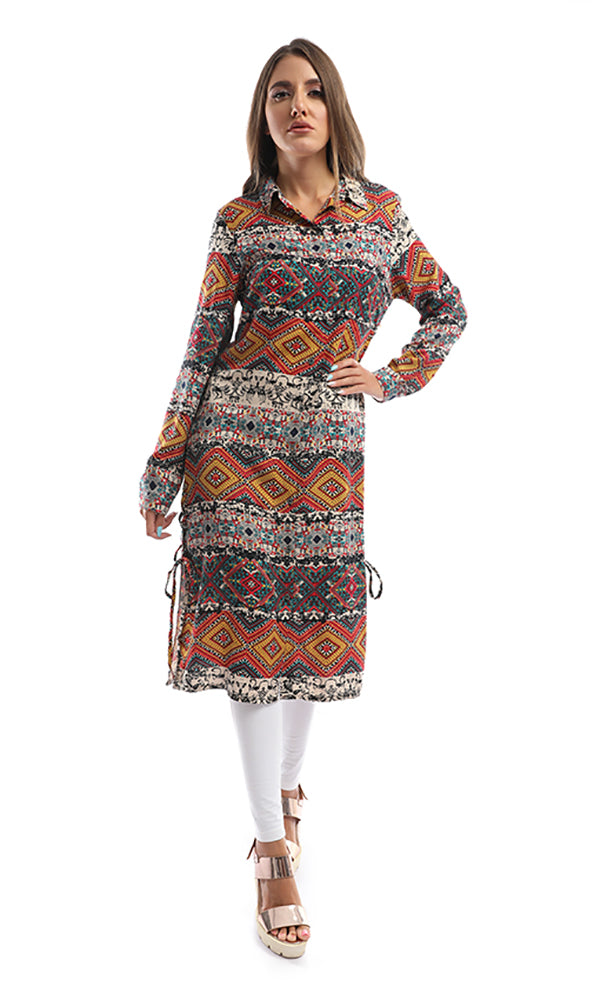 38573 Turn Down Collar Mustard Tropical Print Long Shirt