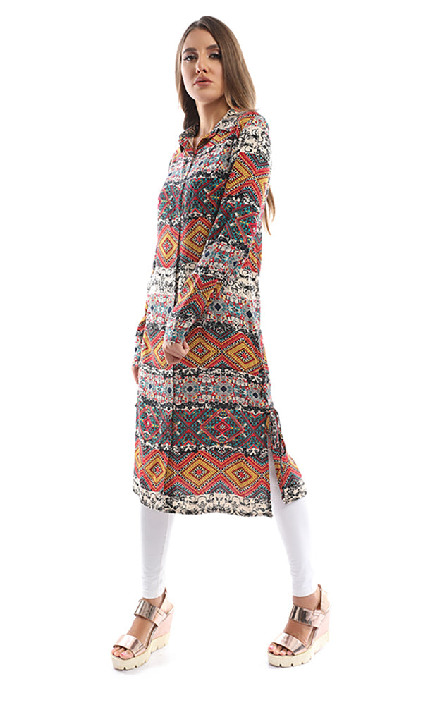 38573 Turn Down Collar Mustard Tropical Print Long Shirt