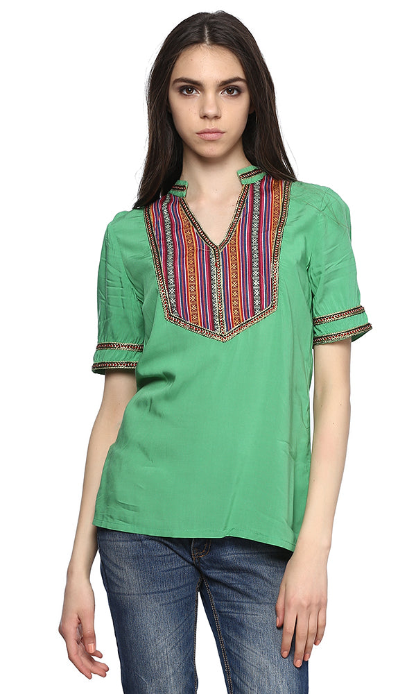 38610 Embroidered Panel Blouse - Green