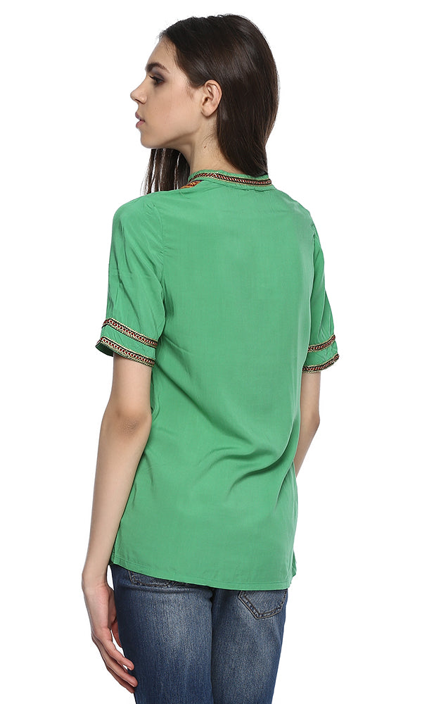 38610 Embroidered Panel Blouse - Green