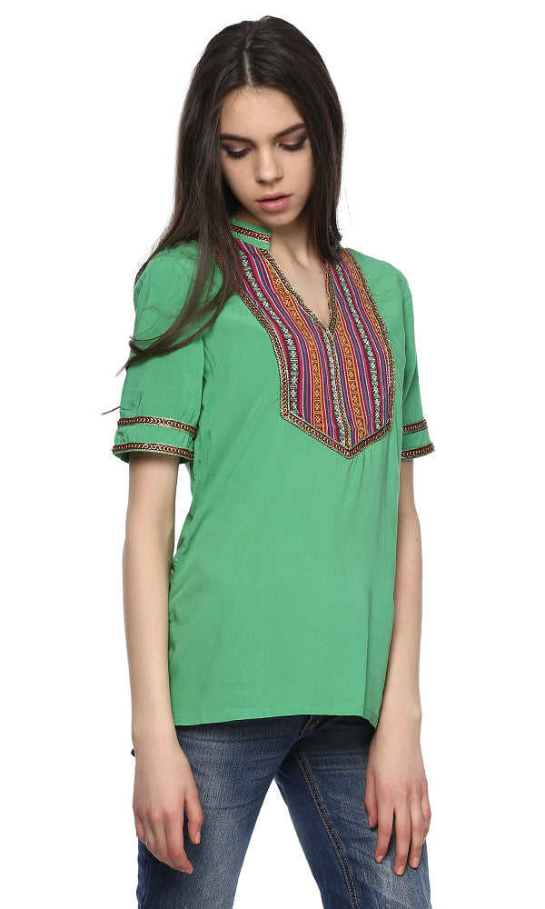 38610 Embroidered Panel Blouse - Green