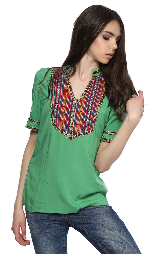 38610 Embroidered Panel Blouse - Green