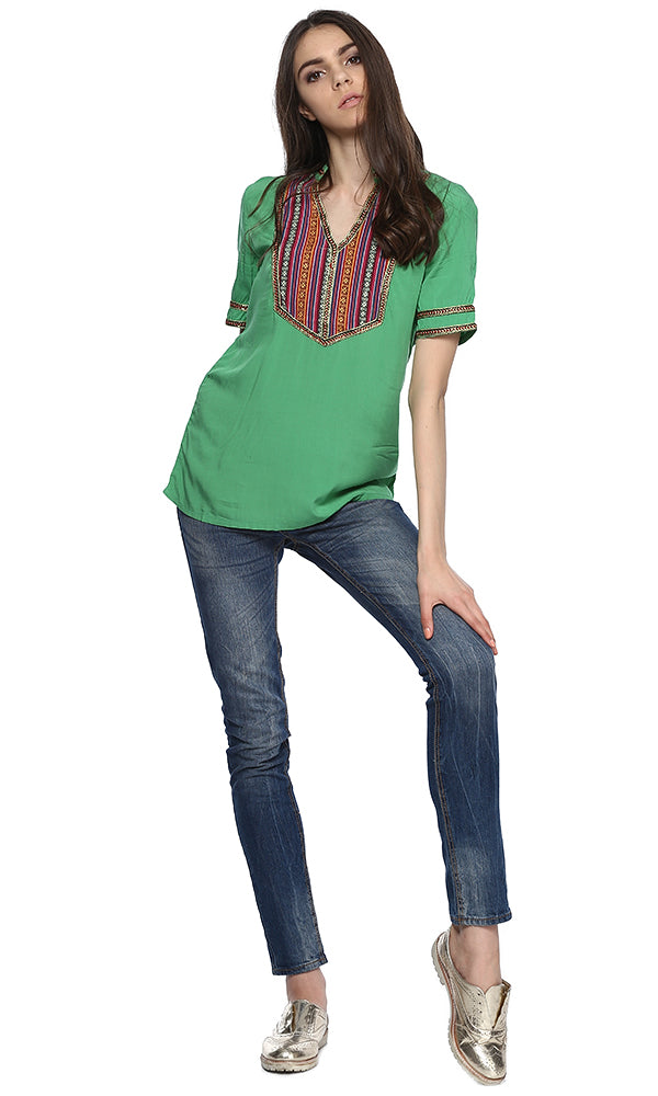 38610 Embroidered Panel Blouse - Green