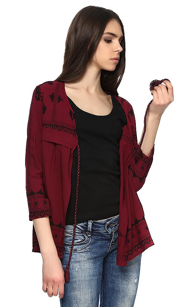 38763 Printed Cardigan - Dark Burgundy - Ravin 