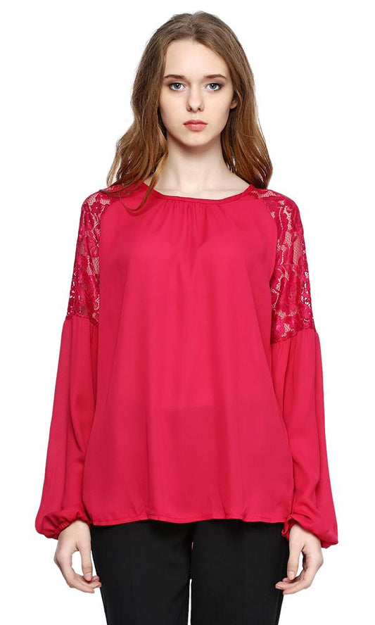 38800 Lace Sleeves Blouse - Dark Fuchsia - Ravin 