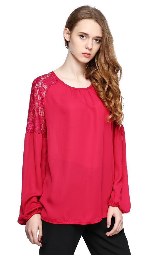 38800 Lace Sleeves Blouse - Dark Fuchsia - Ravin 