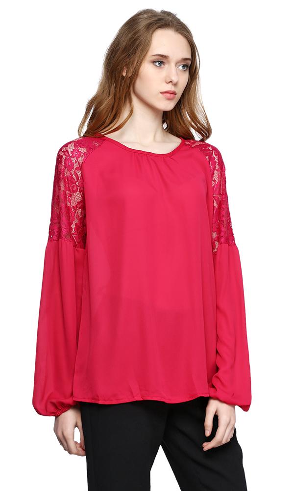 38800 Lace Sleeves Blouse - Dark Fuchsia - Ravin 