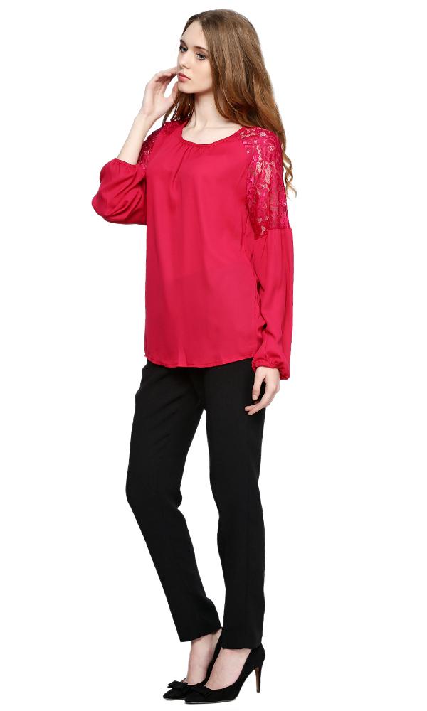 38800 Lace Sleeves Blouse - Dark Fuchsia - Ravin 