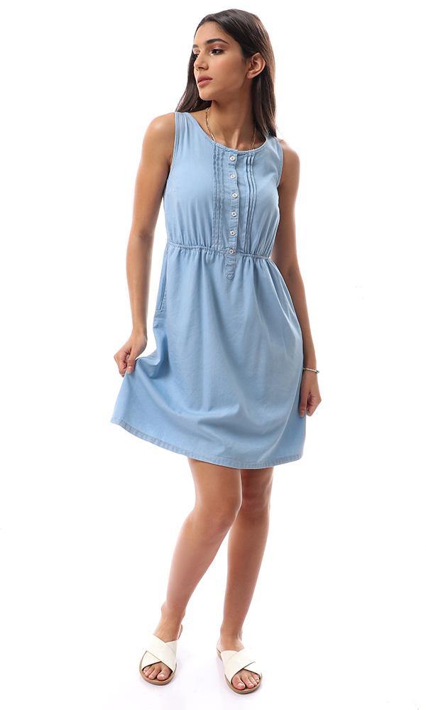 38908 Embroidered Back Sleeveless Denim Dress - Light Blue - Ravin 