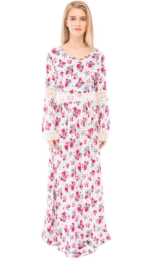 38909 Floral Maxi Dress - White & Fuchsia