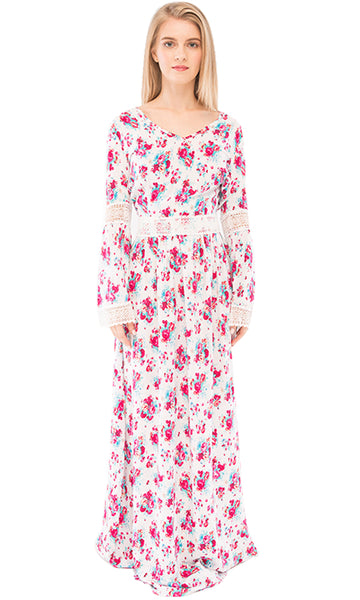 38909 Floral Maxi Dress - White & Fuchsia