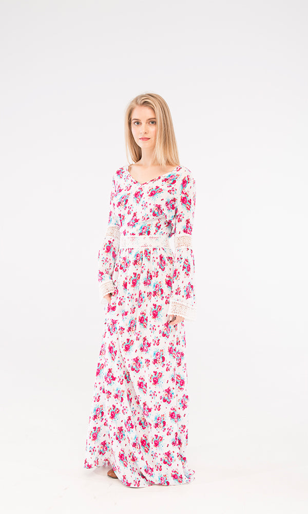 38909 Floral Maxi Dress - White & Fuchsia