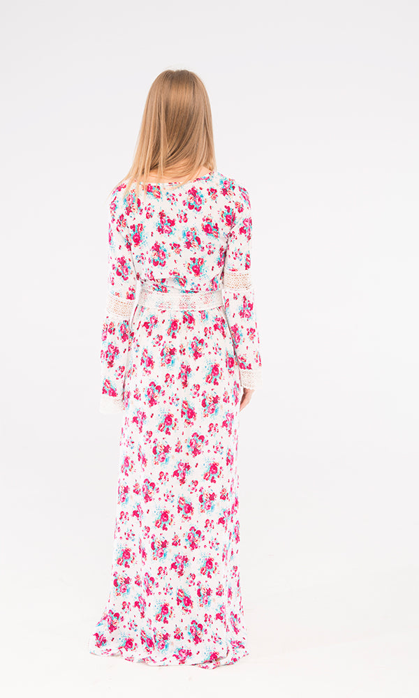 38909 Floral Maxi Dress - White & Fuchsia