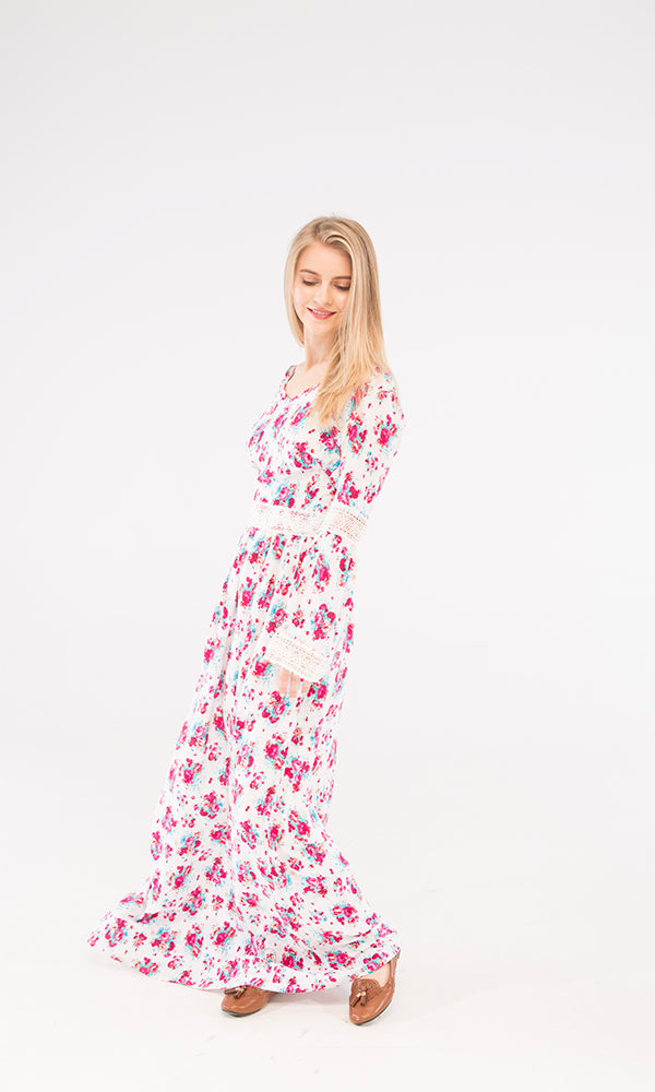 38909 Floral Maxi Dress - White & Fuchsia