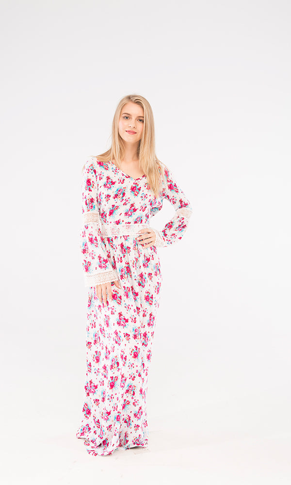 38909 Floral Maxi Dress - White & Fuchsia