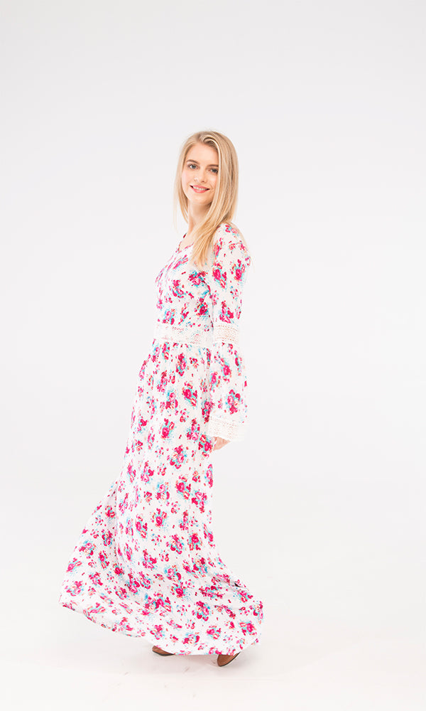 38909 Floral Maxi Dress - White & Fuchsia