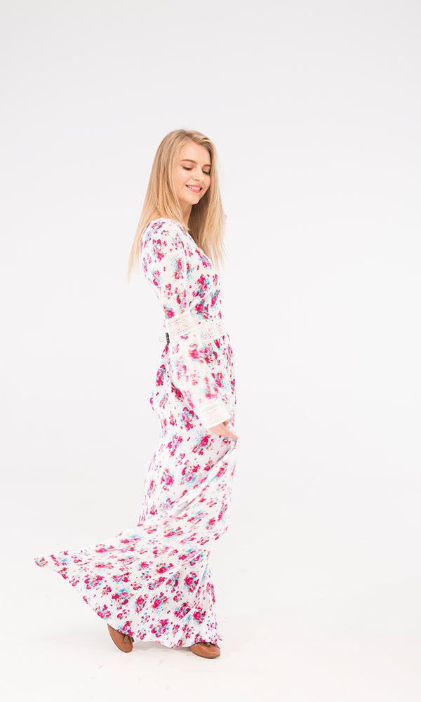 38909 Floral Maxi Dress - White & Fuchsia