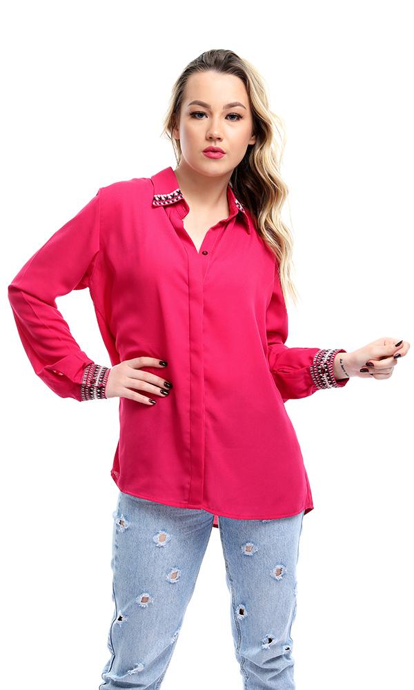 38946 Decorative Long Sleeves Fuchsia Chiffon Shirt - Ravin 