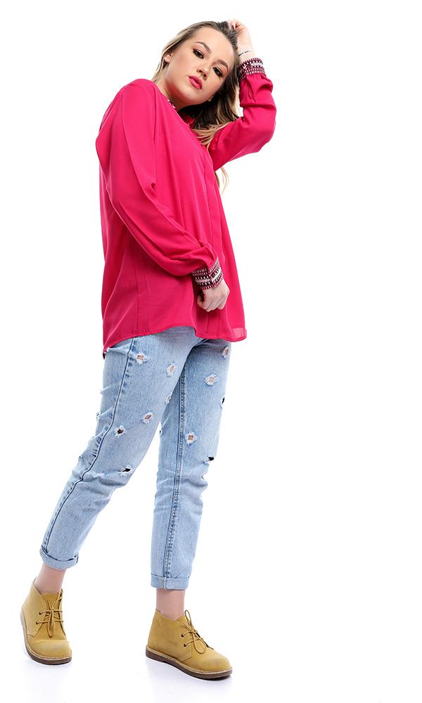 38946 Decorative Long Sleeves Fuchsia Chiffon Shirt - Ravin 