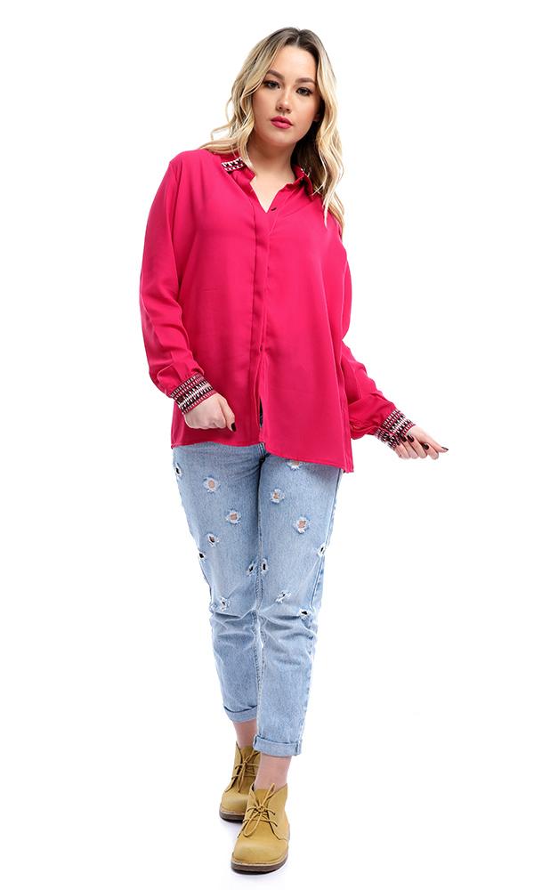 38946 Decorative Long Sleeves Fuchsia Chiffon Shirt - Ravin 